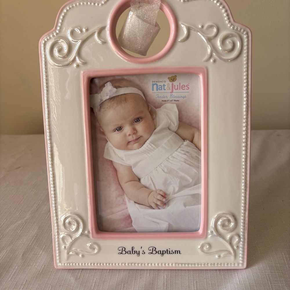 Demdaco Nat & Jules Baby's Baptism Ceramic Photo Frame 4x6 Pink White P00319